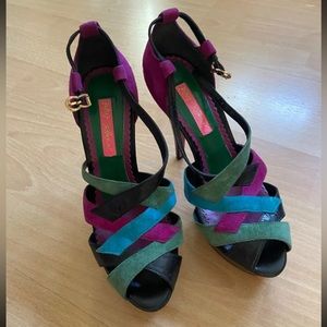 New BETSEY JOHNSON multi-color suede strappy high heel Vero Cuoio 6 6M leather